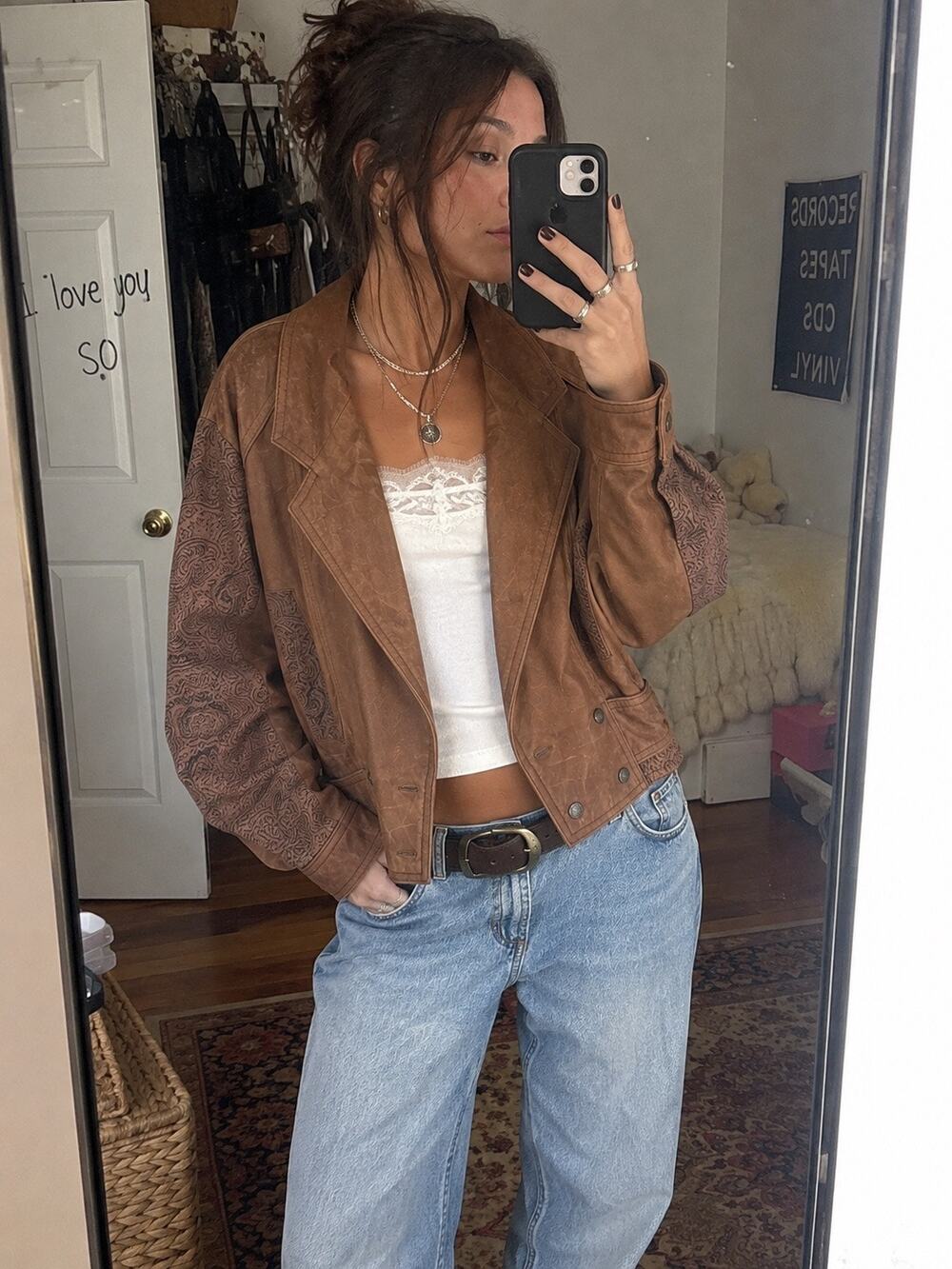 Vintage 90s Y2K Western Suede Leather Boho Cropped Jacket Brown Oversized Medium